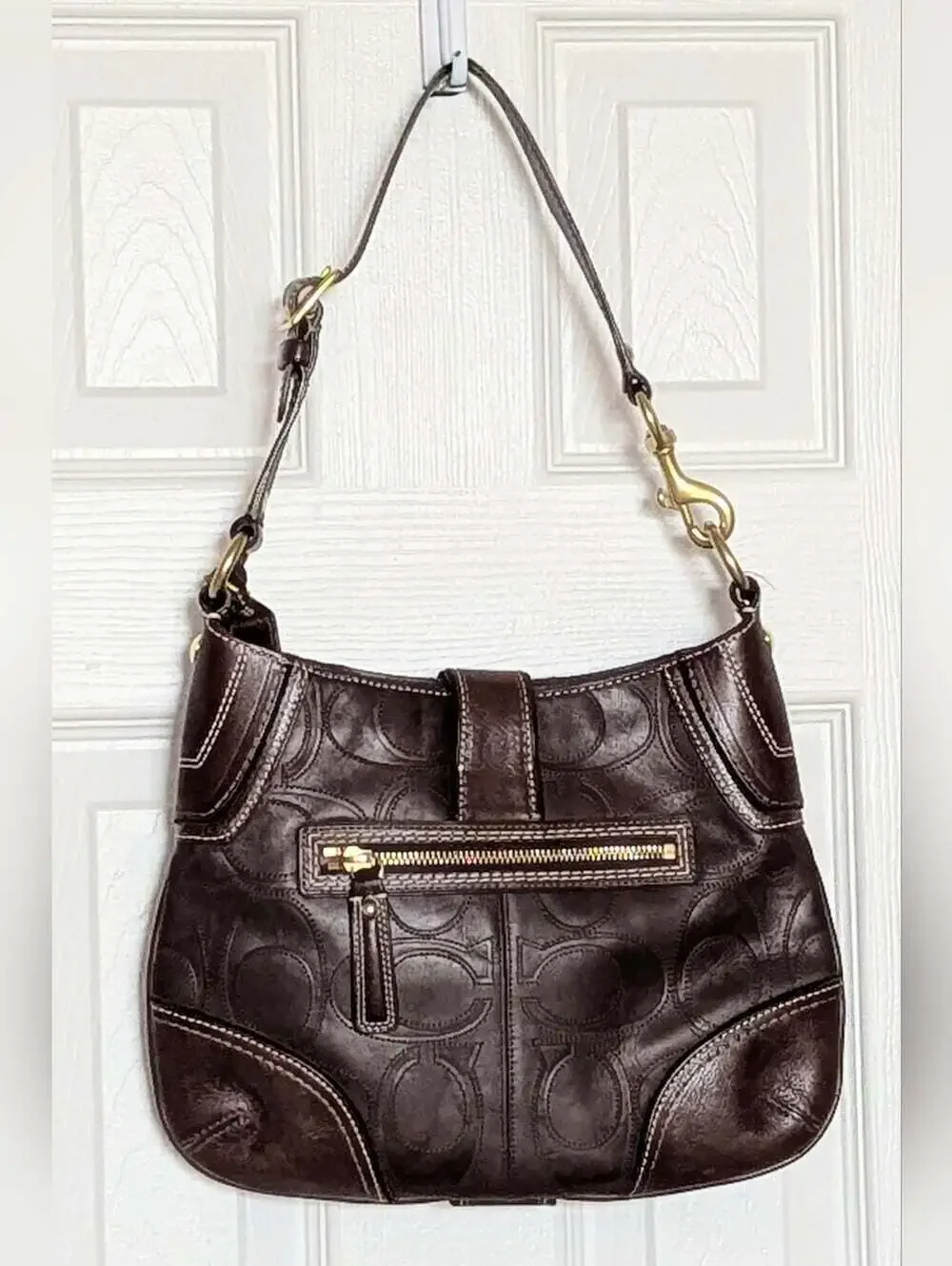 Vintage Coach Hampton Brown Embossed Stitch Signature Leather Hobo Bag/Purse